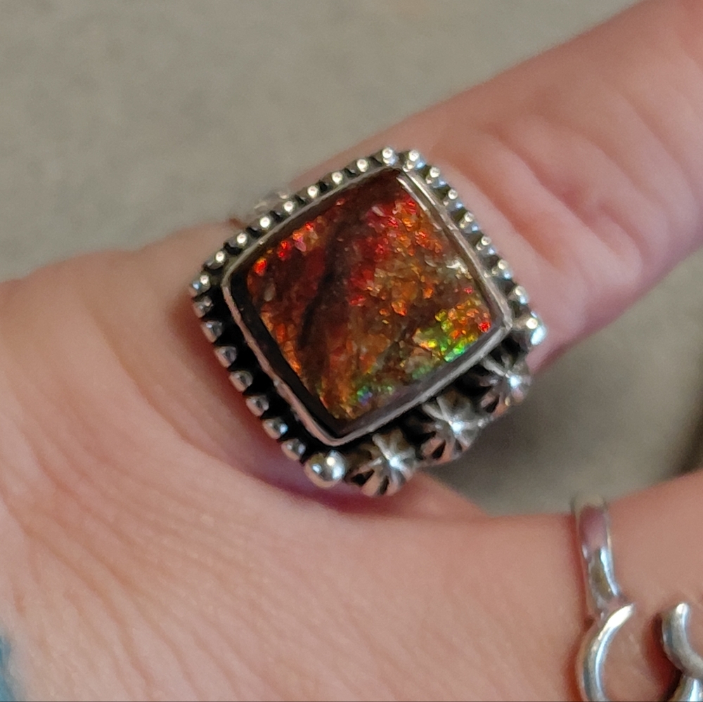 Fiery Ammolite Sterling Silver Ring Size 6 - Picture 4 of 13
